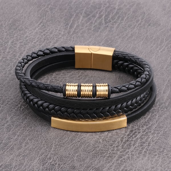 Punk flerlags vævet rustfrit stål læderreb armbånd 19 cm