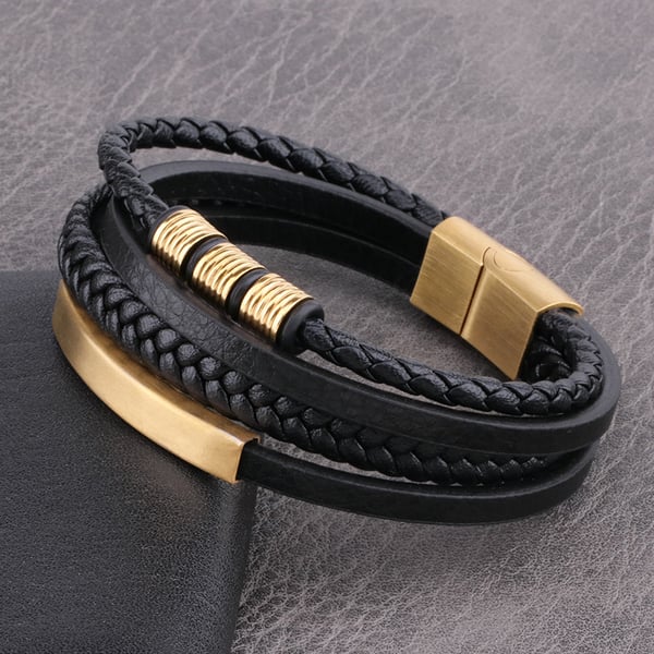 Punk flerlags vævet rustfrit stål læderreb armbånd 19 cm