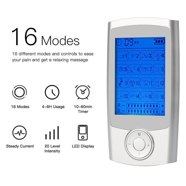 Apparat for muskelstimulasjon (TENS/EMS) med 16 moduser Silver