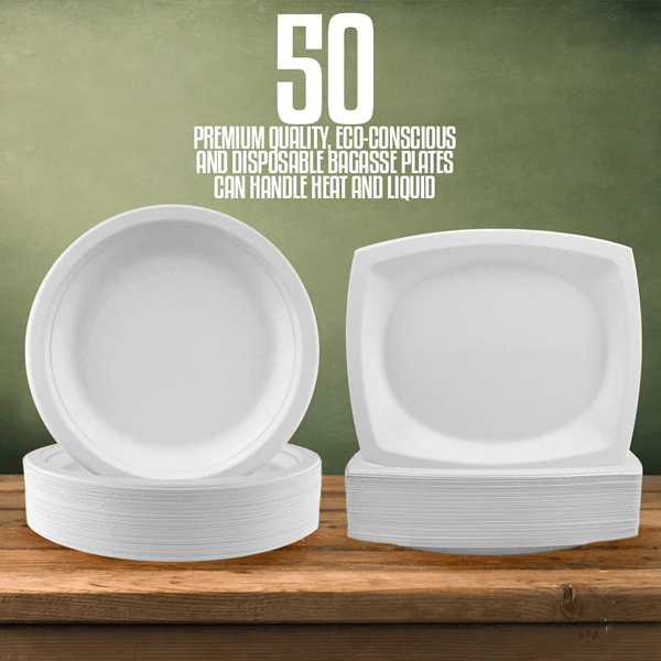 50-pack engångspapperstallrikar - Heavy Duty sockerrörspappersplattor White 15.5 cm