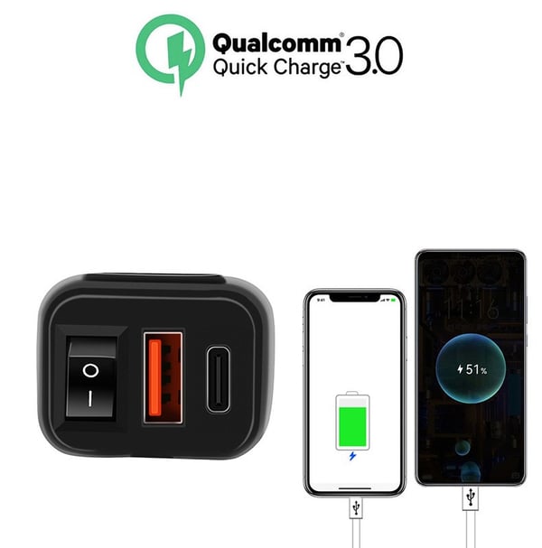 USB-C / USB hurtigoplader til bil og motorcykel Black