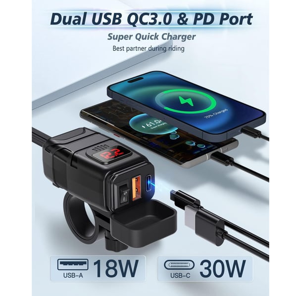 USB-C / USB hurtigoplader til bil og motorcykel Black