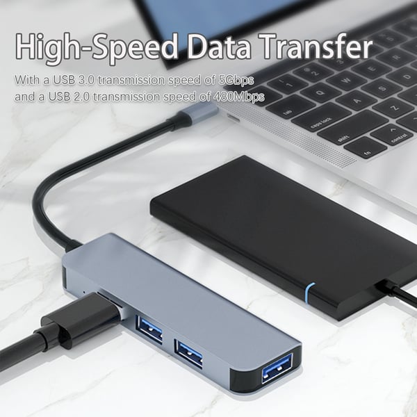 Dobbel USB-C og USB-A Hub med 1 USB3.0-port og 3 USB2.0-porter