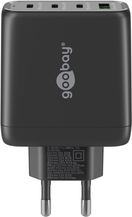 USB-C™ PD GaN moniporttinen pikalaturi (68 W) musta