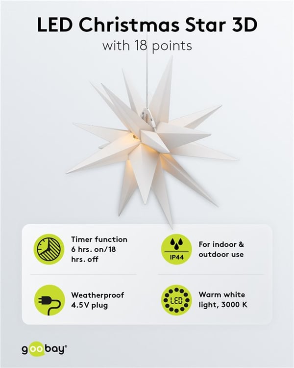 LED-joulutähti 3D, Ø 56 cm, verkkokaapelilla