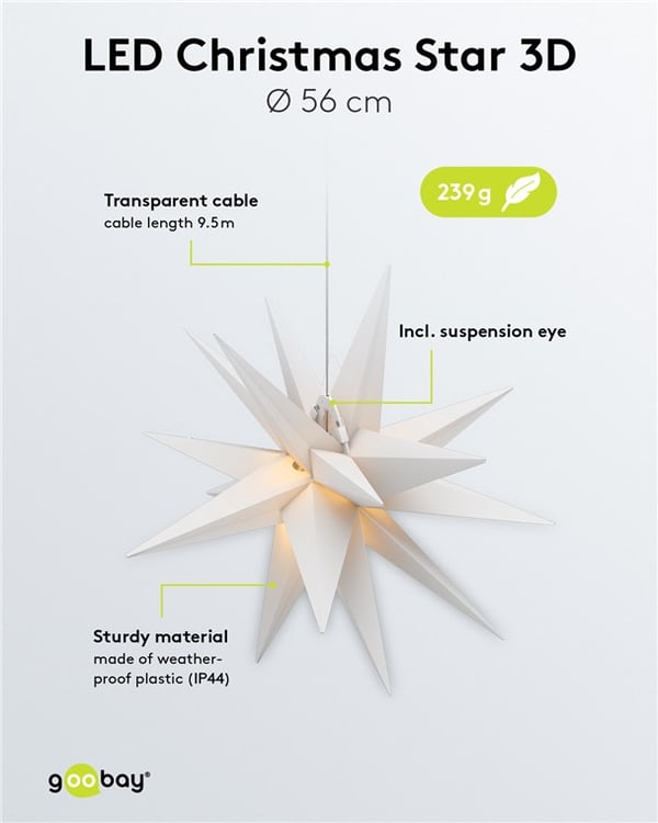 LED-joulutähti 3D, Ø 56 cm, verkkokaapelilla