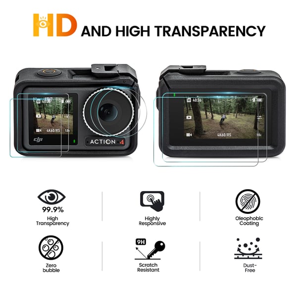 6-delt actionkamera temperert filmsett for DJI OSMO ACTION 4 Transparent