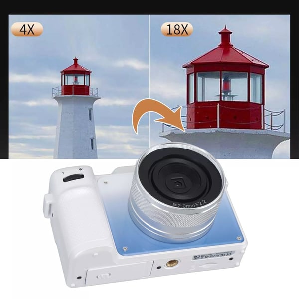 Digitalkamera 4K/48MP med 18X digital zoom, stabilisering og autofokus White