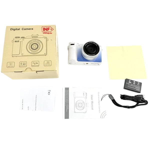 Digitalkamera 4K/48MP med 18X digital zoom, stabilisering og autofokus White
