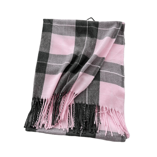 Kashmiria muistuttava huivi, jossa ruudullinen ja kierretyt hapsut Pink