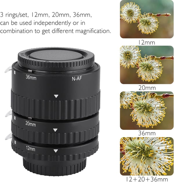 Auto-Focus Macro Extension Tube Sæt, 12mm 20mm 36mm Auto Focus Macro Extension Tube Adapter Ring til Nikon Black