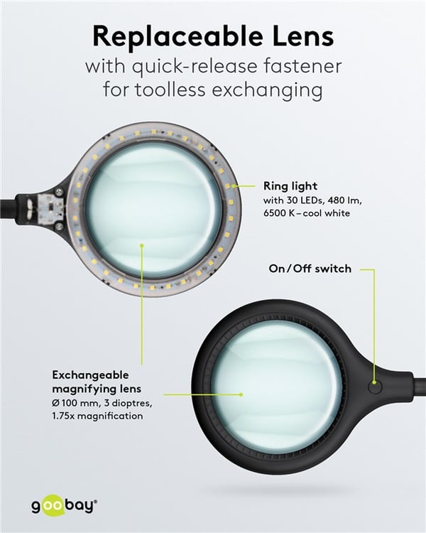 LED forstørrelseslampe med stativ/klemme, 6 W, sort