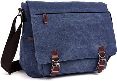 Medium vintage skuldertaske i lærred og læder DarkBlue