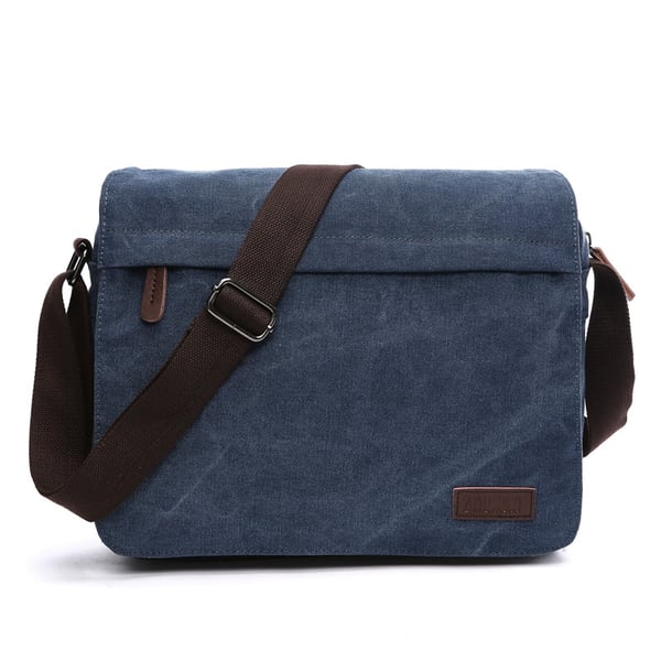 Medium vintage skuldertaske i lærred og læder DarkBlue Medium vintage skuldertaske i lærred og læder DarkBlue