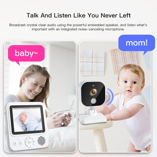 Babymonitor med kamera 2.4G-overføring, 2-veis lyd, infrarødt nattsyn
