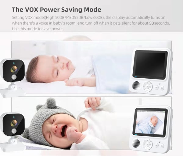 Babymonitor med kamera 2.4G-overføring, 2-veis lyd, infrarødt nattsyn