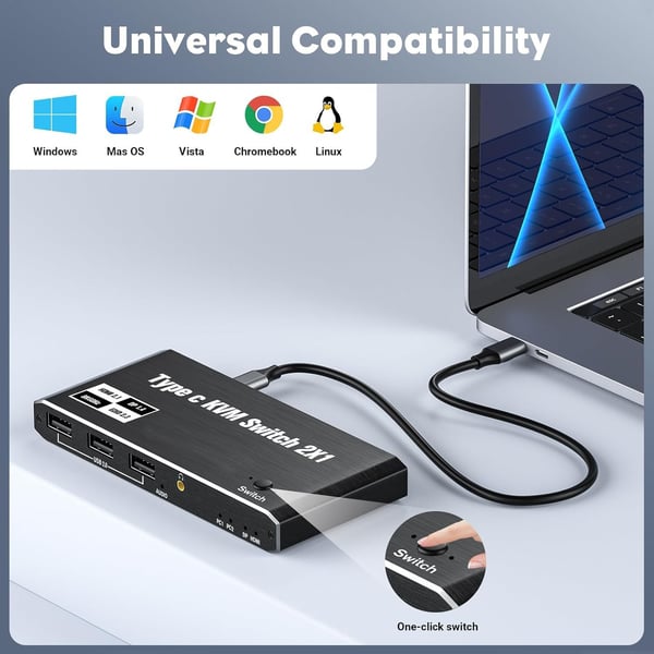 2 in 1 ut USB-C KVM-switch 8K@60Hz 4K@120Hz, 2 ports USB-C switch