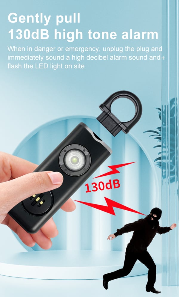 Bärbart överfallslarm / självförsvarssiren 130 dB Black