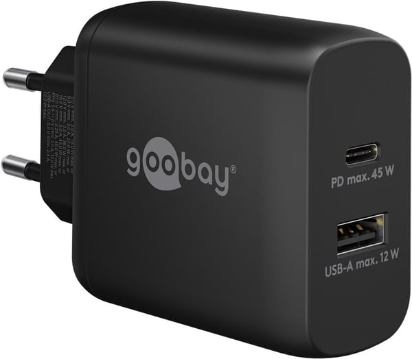 USB-C™ PD GaN dobbelt hurtigoplader (45 W) sort