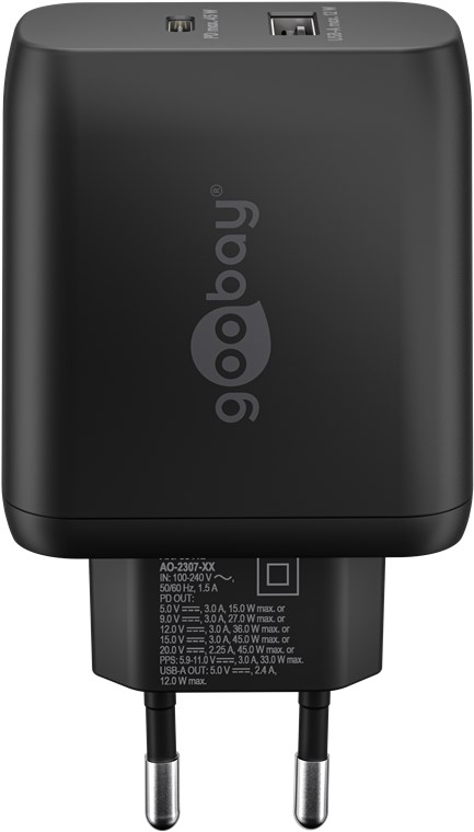 USB-C™ PD GaN dobbelt hurtigoplader (45 W) sort