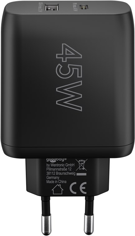 USB-C™ PD GaN dobbelt hurtigoplader (45 W) sort