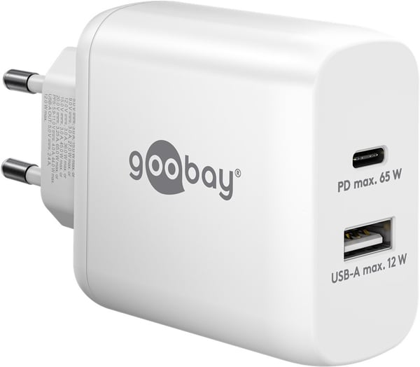 USB-C™ PD GaN dobbelt hurtigoplader (65 W) hvid