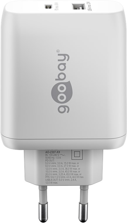 USB-C™ PD GaN dobbelt hurtigoplader (65 W) hvid
