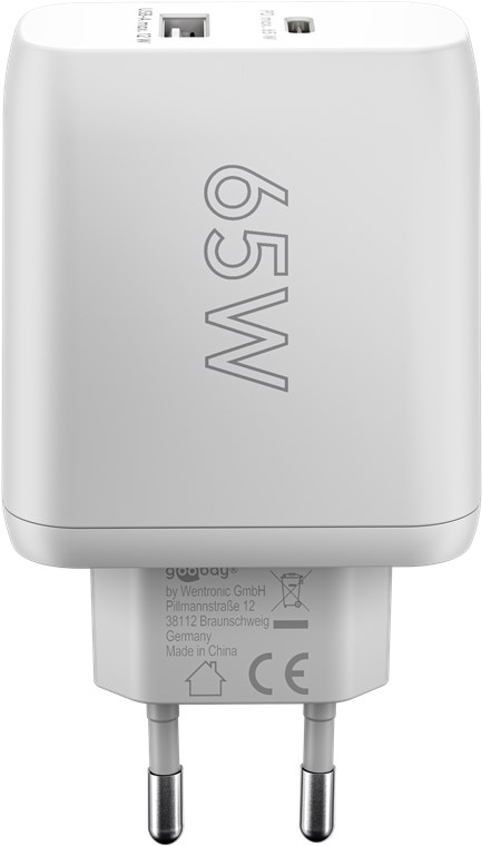 USB-C™ PD GaN dobbelt hurtigoplader (65 W) hvid
