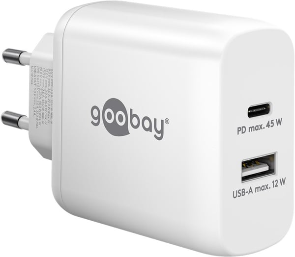 USB-C™ PD GaN dobbelt hurtigoplader (45 W) hvid