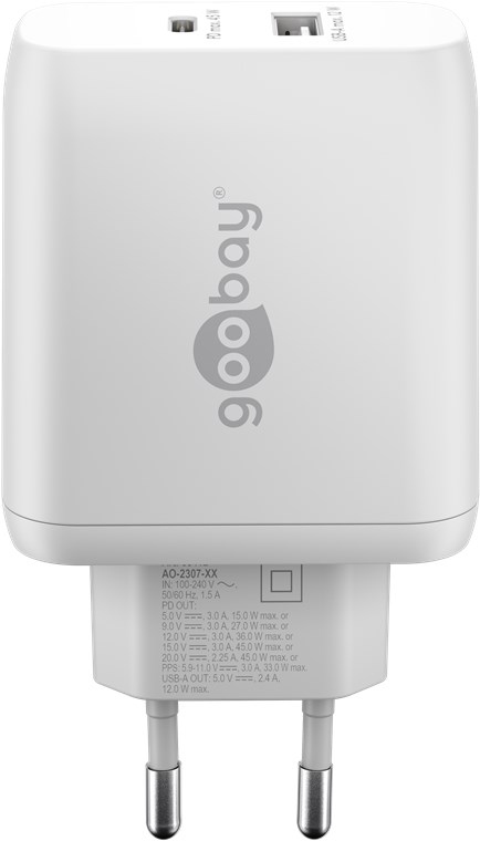 USB-C™ PD GaN dobbelt hurtigoplader (45 W) hvid