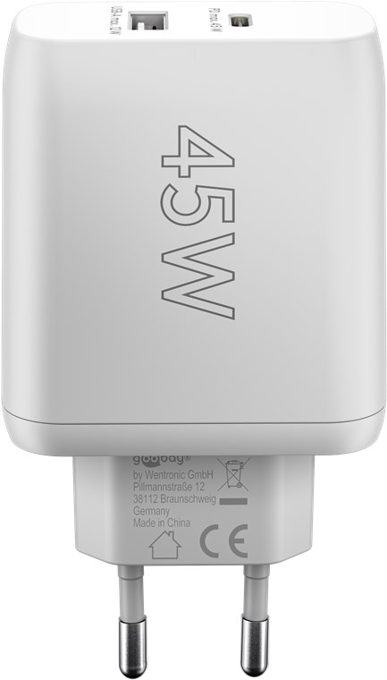USB-C™ PD GaN dobbelt hurtigoplader (45 W) hvid