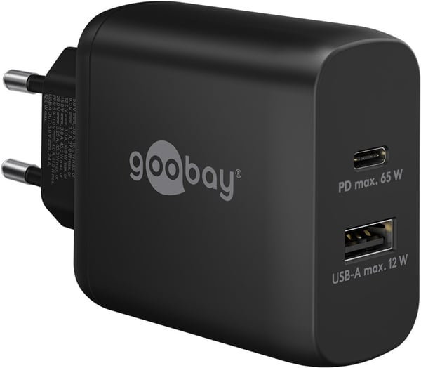 USB-C™ PD GaN dobbelt hurtigoplader (65 W) sort