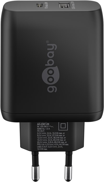USB-C™ PD GaN dobbelt hurtigoplader (65 W) sort