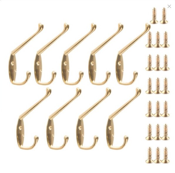 9-pakning veggmonterte metallkroker, dobbel stift Gold