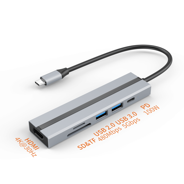 Multifunksjons USB-C-hub med 4K HDMI, USB 3.0/2.0-porter, SD/TF-kortleser