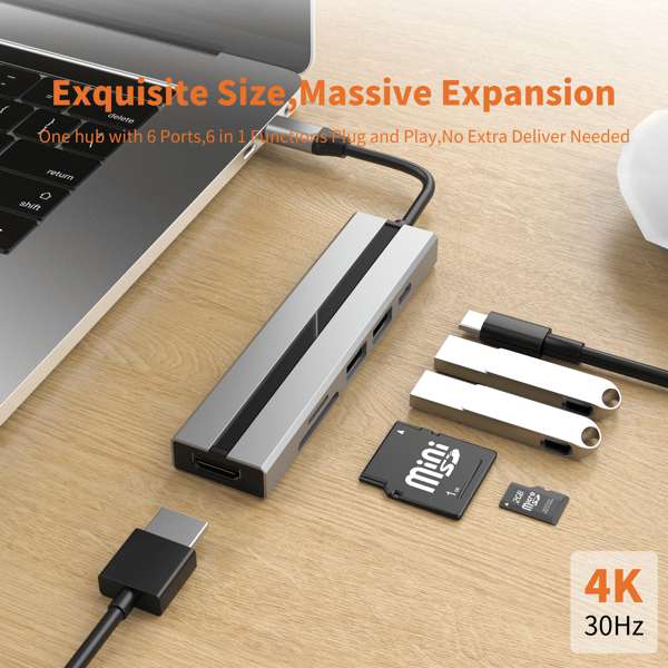 Multifunksjons USB-C-hub med 4K HDMI, USB 3.0/2.0-porter, SD/TF-kortleser