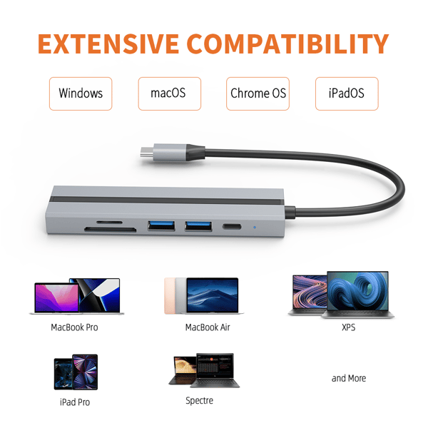 Multifunksjons USB-C-hub med 4K HDMI, USB 3.0/2.0-porter, SD/TF-kortleser
