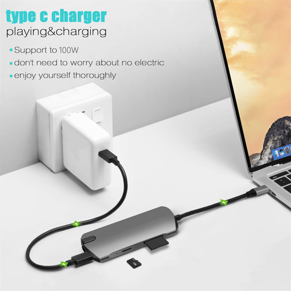 8-i-1 USB-C Hub med USB 3.0, HDMI, RJ45, SD/TF-kortslot, 100W PD-opladning