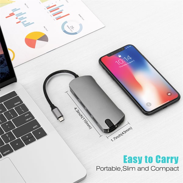 8-i-1 USB-C Hub med USB 3.0, HDMI, RJ45, SD/TF-kortslot, 100W PD-opladning