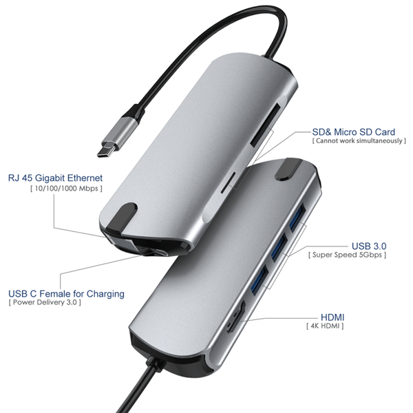 8-i-1 USB-C Hub med USB 3.0, HDMI, RJ45, SD/TF-kortslot, 100W PD-opladning