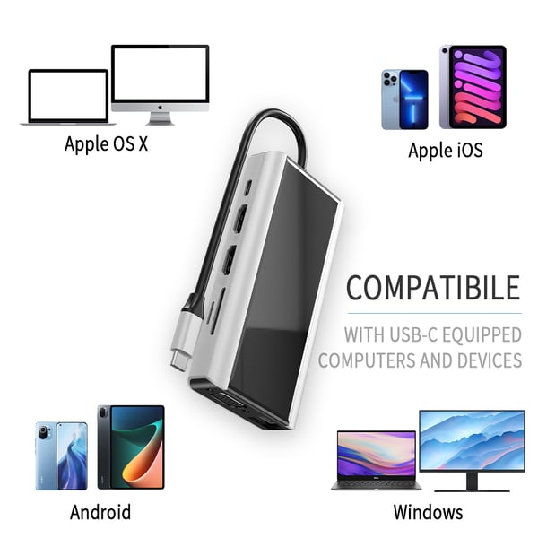 11 in 1 USB C -keskitin, jossa USB 3.0, HDMI, RJ45, SD/TF-kortinlukija – 100 W PD-lataus