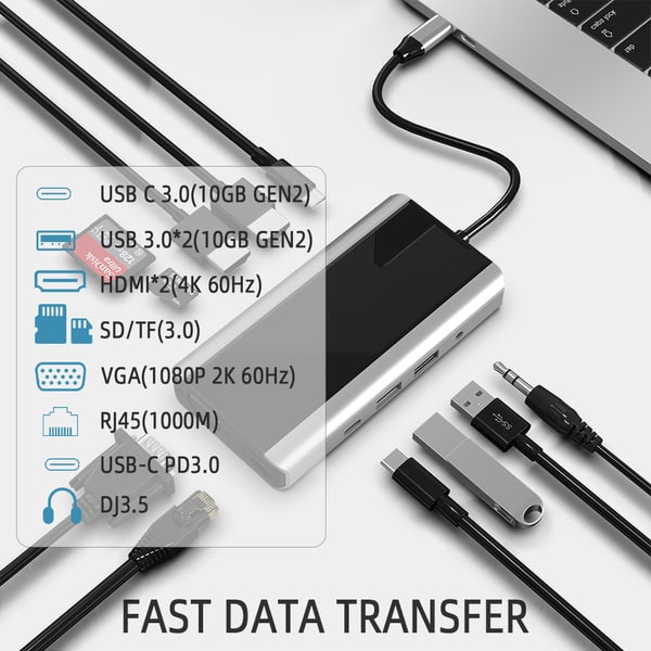 11 in 1 USB C -keskitin, jossa USB 3.0, HDMI, RJ45, SD/TF-kortinlukija – 100 W PD-lataus