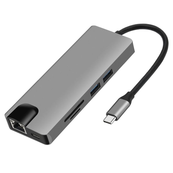 USB-C Hub med USB 3.0, HDMI, RJ45, SD/TF-kortleser, 100W PD, VGA