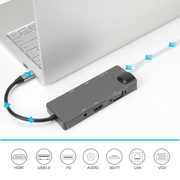 USB-C Hub med USB 3.0, HDMI, RJ45, SD/TF-kortleser, 100W PD, VGA