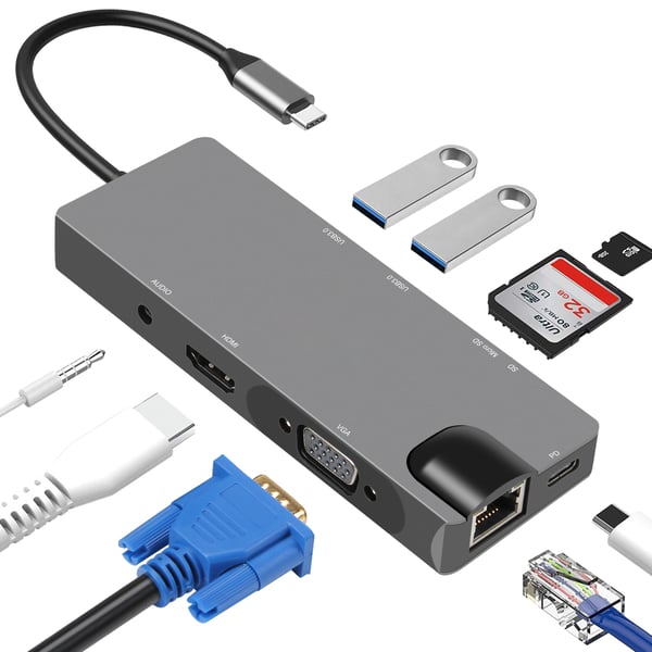 USB-C Hub med USB 3.0, HDMI, RJ45, SD/TF-kortleser, 100W PD, VGA