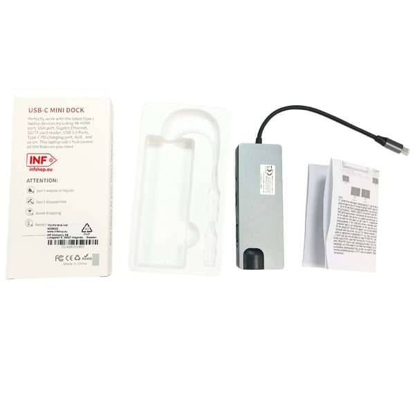 USB-C Hub med USB 3.0, HDMI, RJ45, SD/TF-kortleser, 100W PD, VGA