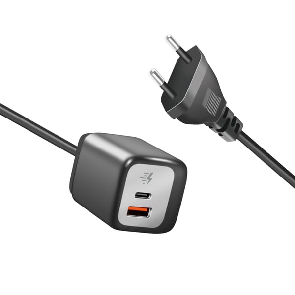 USB-oplader 1xUSB-A + 1xUSB-C med fast kabel 1,5m GaN 30W