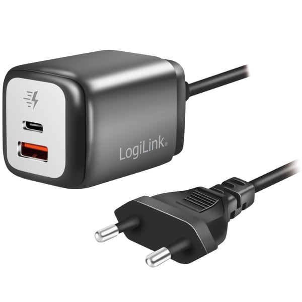 USB-oplader 1xUSB-A + 1xUSB-C med fast kabel 1,5m GaN 30W