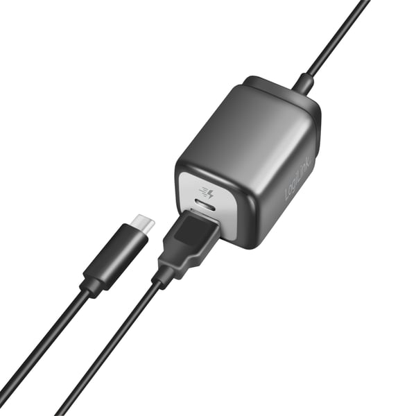 USB-oplader 1xUSB-A + 1xUSB-C med fast kabel 1,5m GaN 30W