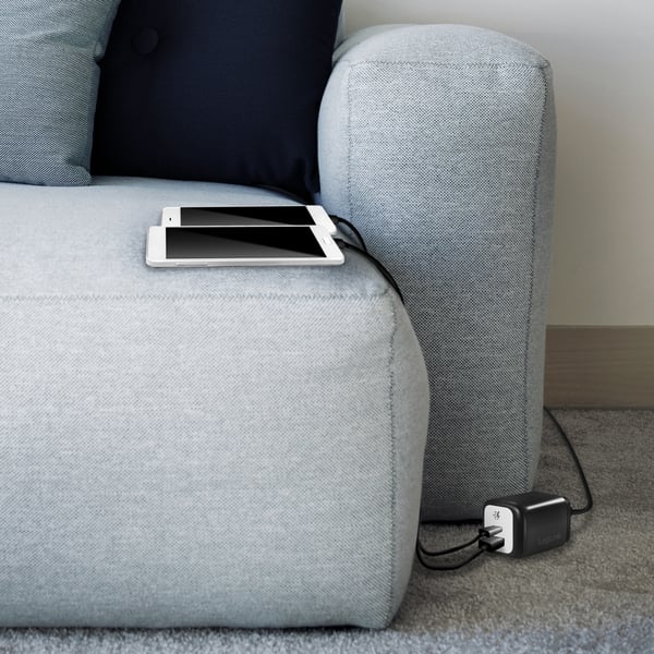 USB-oplader 1xUSB-A + 1xUSB-C med fast kabel 1,5m GaN 30W